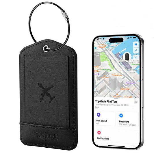Smart Luggage Tag with Apple Find My, Premium Leather Luggage Tags for Suitcase, Travel Bags, Backpacks, Anti-Lost Suitcase Tag Tracker for Travel with Privacy Name Card, Rechargeable Black Bluetooth